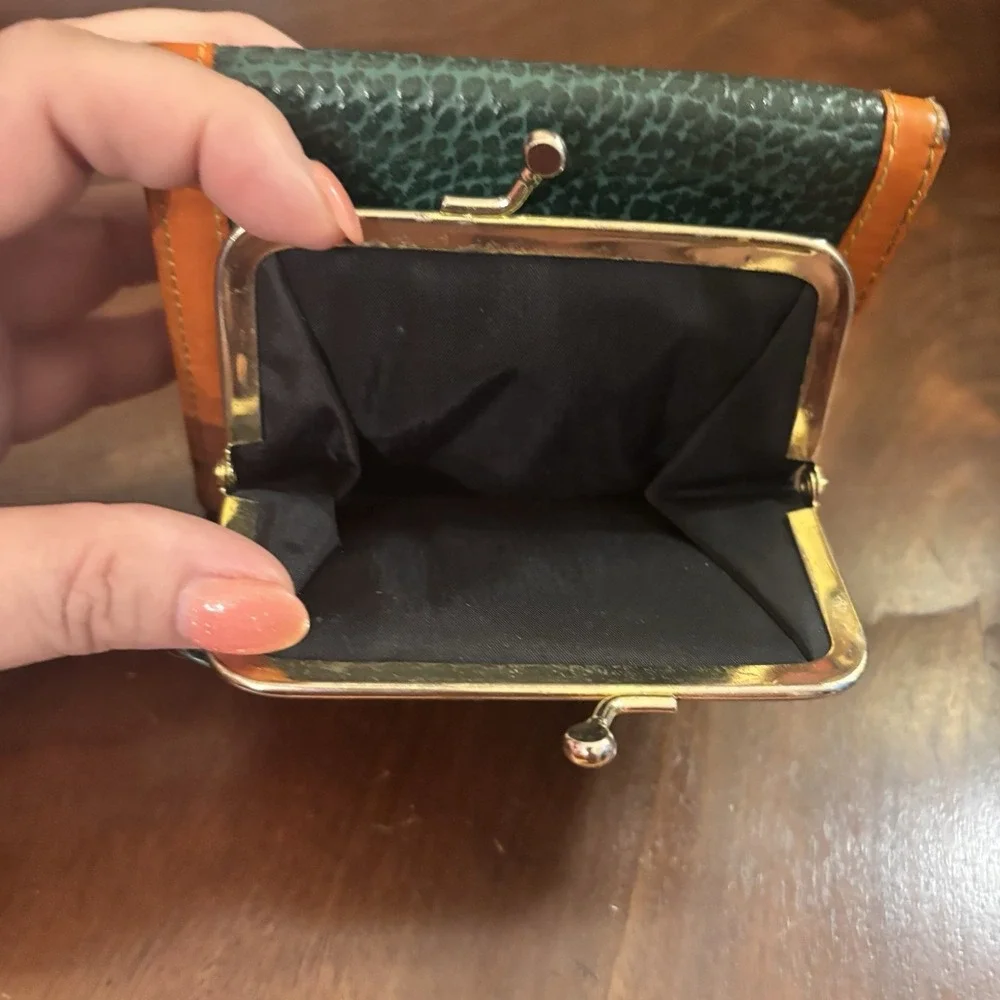 Dooney & Bourke All Weather Leather Green Tan Kiss Lock Wallet Coin Purse